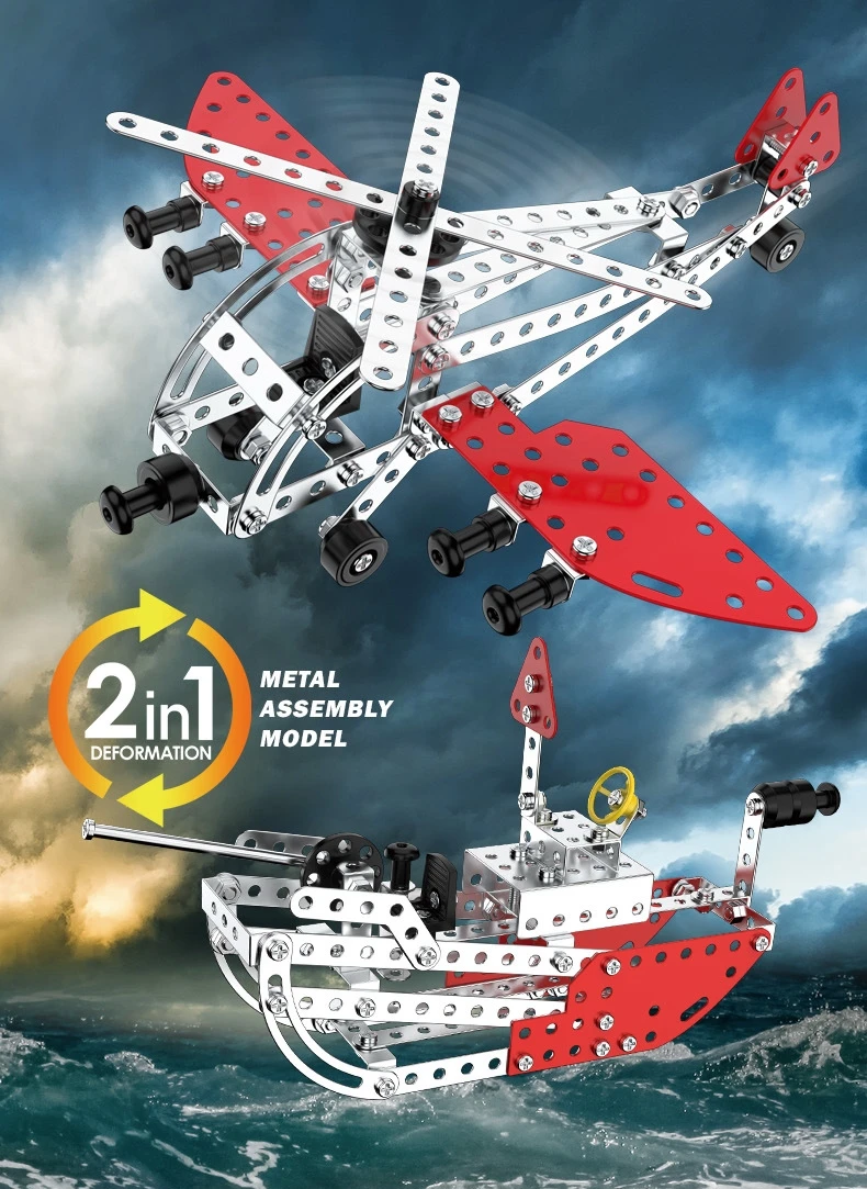 2 IN 1 Teenagers Students Teaching Aids Assembled Toy Helicopter Airplane Battleship DIY Metal Model Kits 3D Puzzles