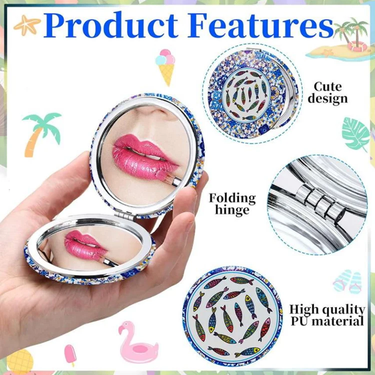 Wholesale souvenir gift mini pu foldable mirror custom logo double sided pocket mirror