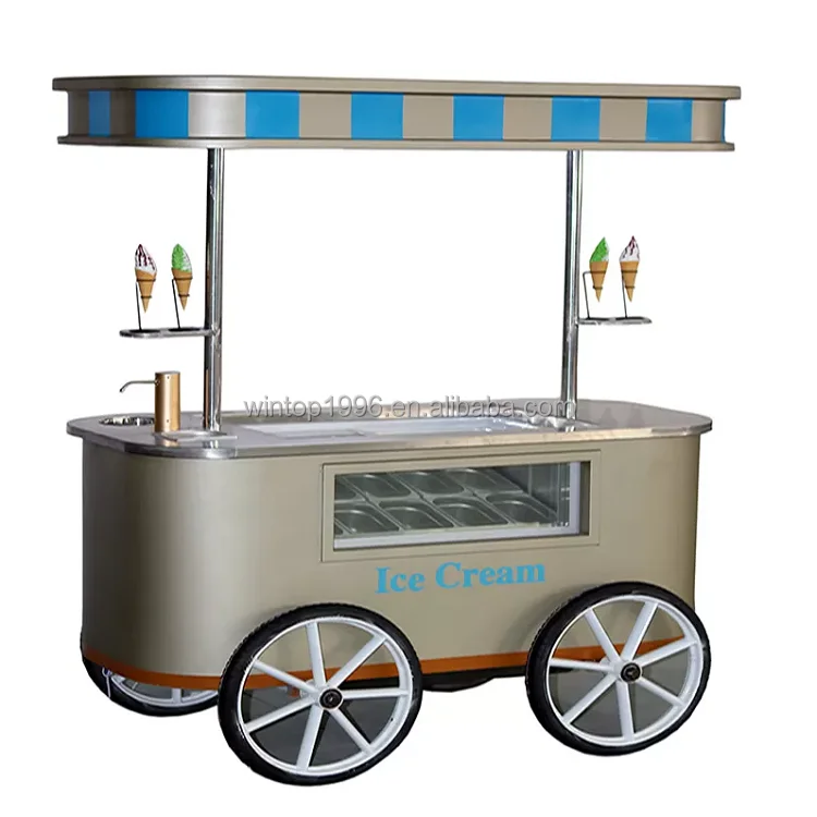 Italy Gelato Hand Push Cart with Sunshade 10 Pans Hard Ice Cream Push Cart for Sale