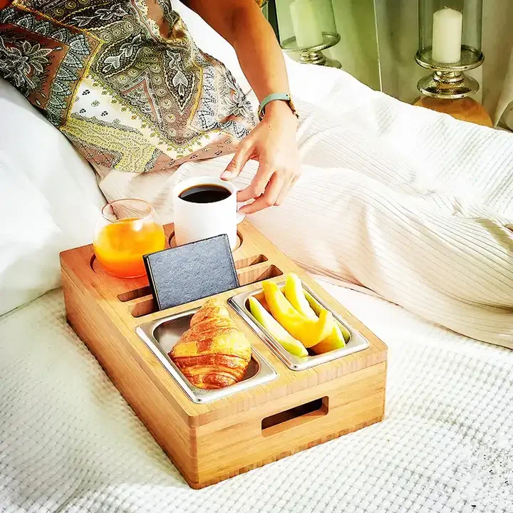 Removeable Lid Design Bamboo Couch Cup & Drink Holder with Snack Tray Caddy for Middle of Couch,Sofa,Bed