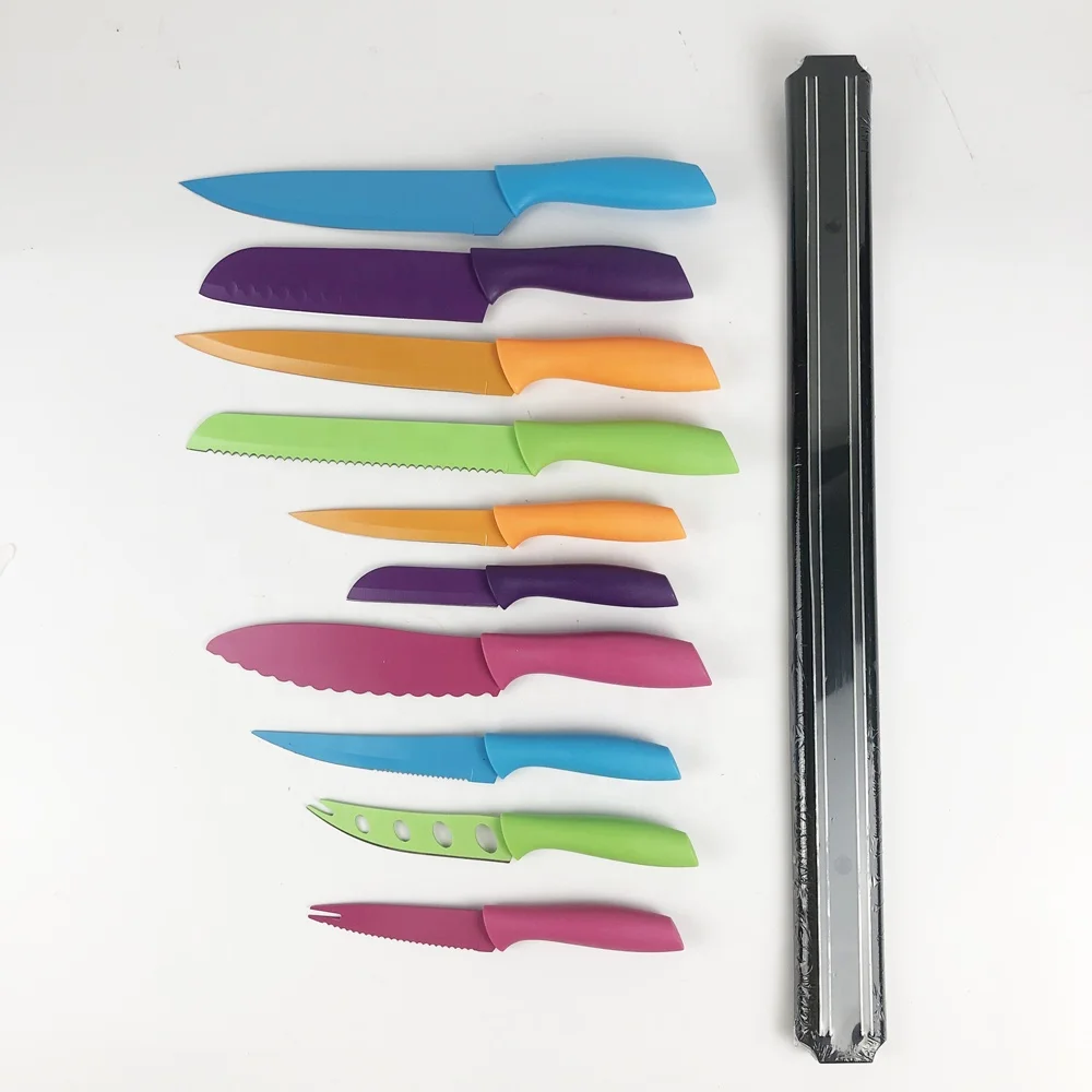 
High quality colorful 10PCS Stainless steel non-stick coating knife set with long magnet knife holder 
