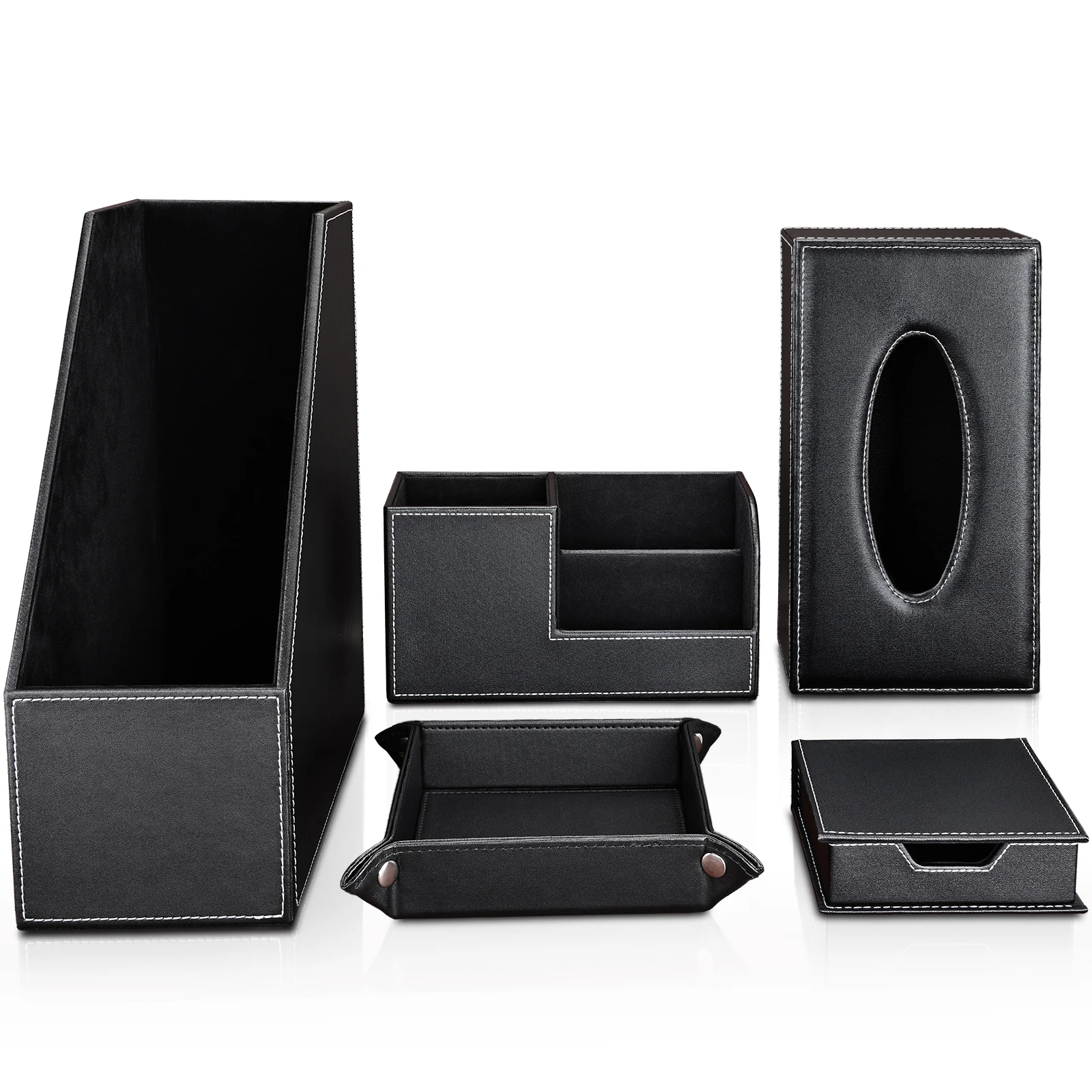 5 PCS Set Pu Leather Magazine Storage Rack Pen Holder Tissue Box Cover Tray Desk Organizer File Holder Accessories Desktop Set