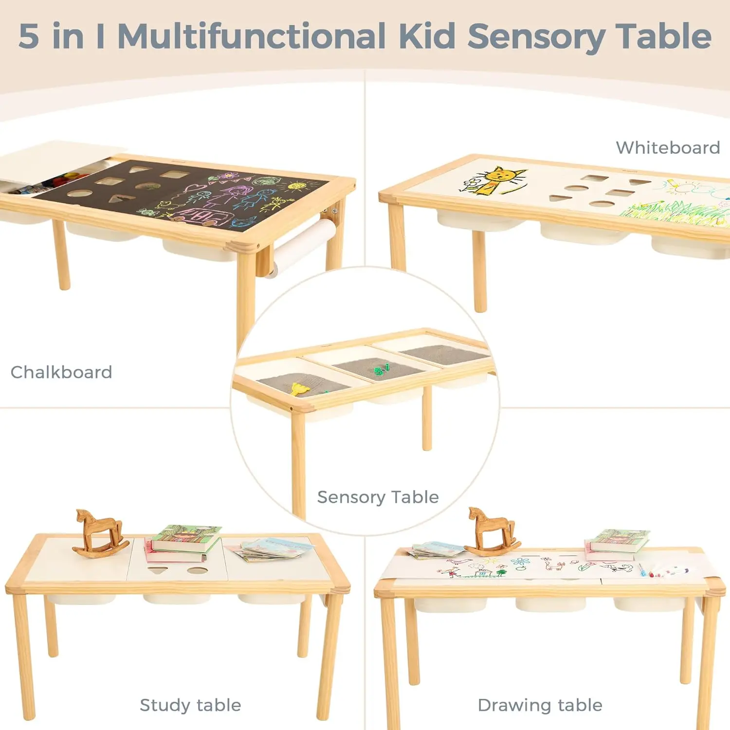 Sensory Table with 3 Foldable Storage Bins, Multifunction Wooden Sand and Water Table with  Board