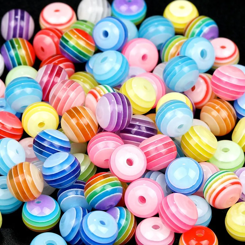 Acrylic Rainbow Striped Beads Colourful Round With 10 Cm Crystal  Cord For Jewelry Making Bracelets Necklaces Keychains