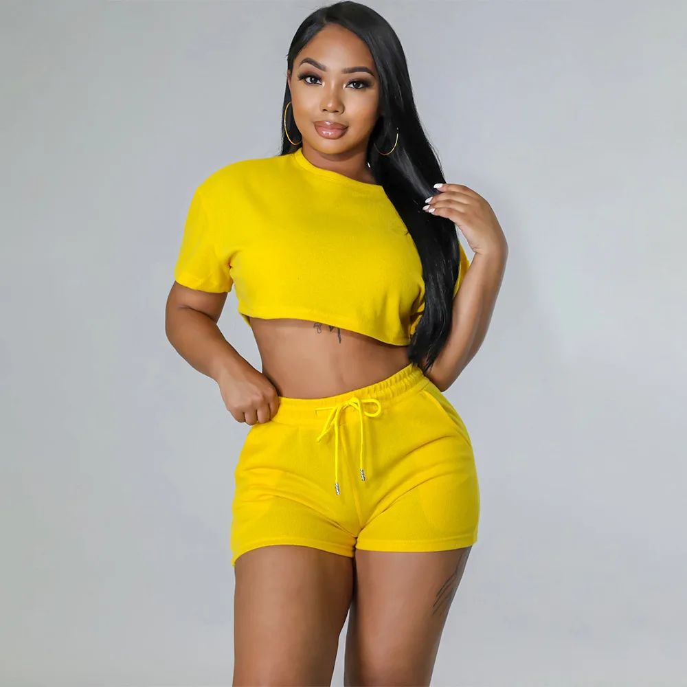 Clothes Leisure Sport Sexy Solid Color Two-piece Set Outfits Short Two Pieces Sets For Women
