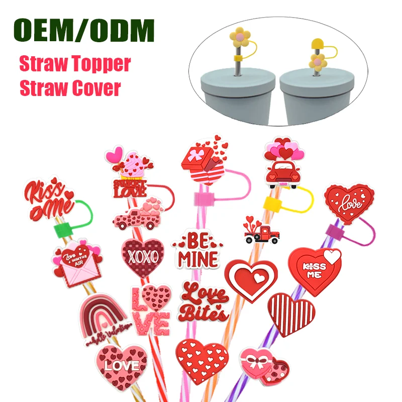 Saint Valentin 2024 Eco Friendly Products Coffee Mug Straw Topper Charms Heart Straw Topper Valentines Tumbler Accessories