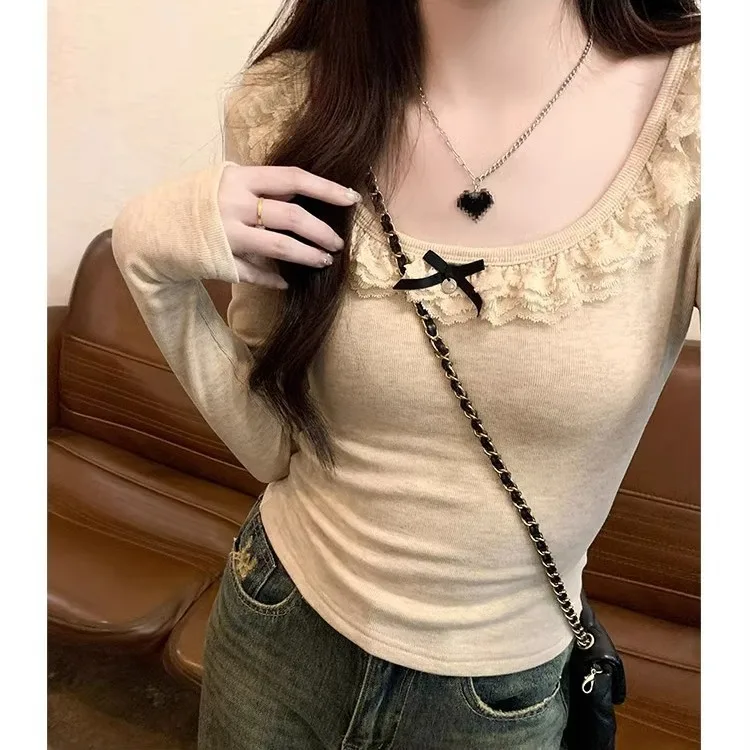 Spring and Autumn High Quality U-Neck Sexy Underlay T-shirt for Women with Lace Splicing Waist Closure Inner Layup with Clothes