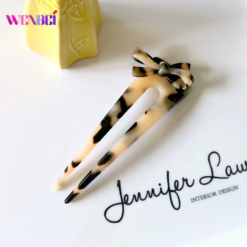 Luxury 11CM Acetate Bow U-shaped Hair Sticks Hairpins Hair Chop Tortoiseshell Chinese Hairpin Stick