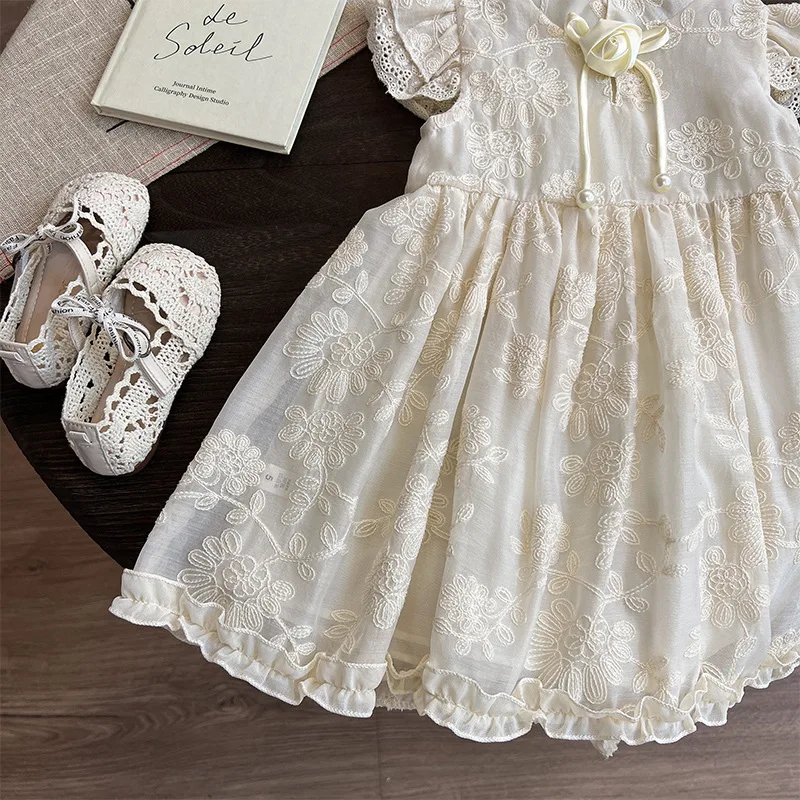 Latest Design Summer Kids Lace Wear Short Sleeve Chinese Style Embroidery Princess Girls Dresses