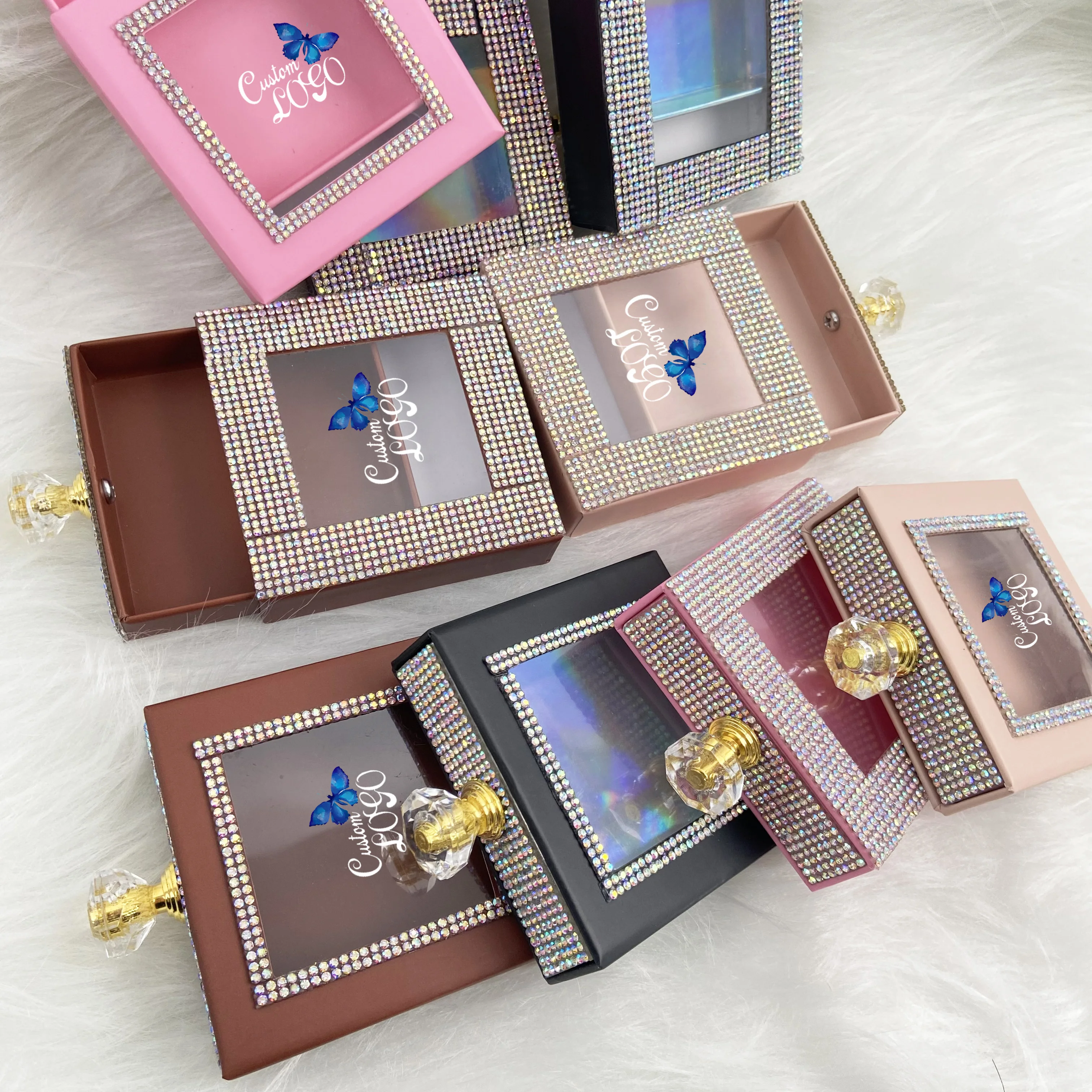 Luxury diamond handle lash box rhinestone false lash packaging wholesale 3D eyelash private label box packaging