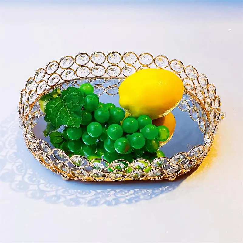 Mirror Tray  Handmade Crystal Bead Gold Metal Plated Round Serving Mirror Tray for Wedding Party