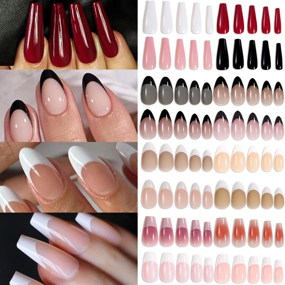 96pcs/Box Glossy Coffin Press on Nail Full Cover False Nails Mixed Size Solid Color Oval Capsule Almond DIY Extension Tips