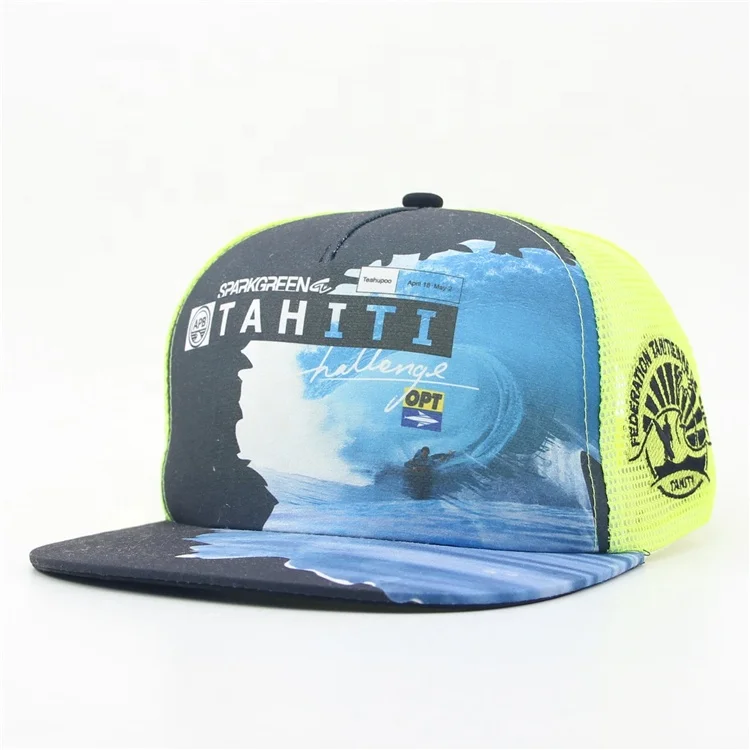 Custom Logo Embroidery Trucker Cap Sublimation Print 5 Panel Snapback Water Surf Trucker Hat