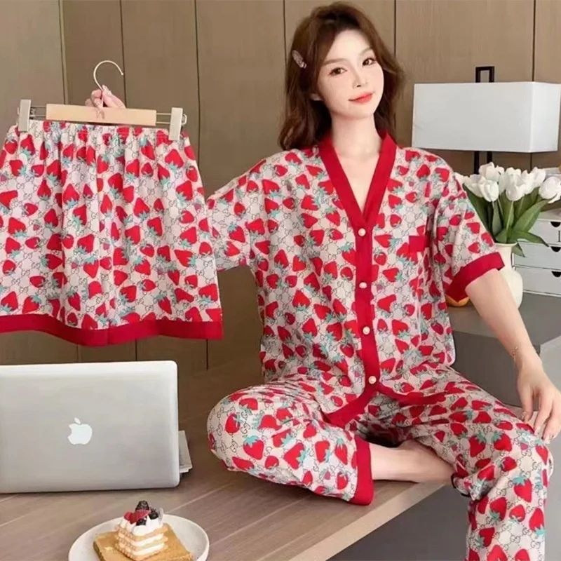 Explosive factory direct sales ice silk fabric pajamas women short-sleeved three-piece net red summer sweet loose home wear