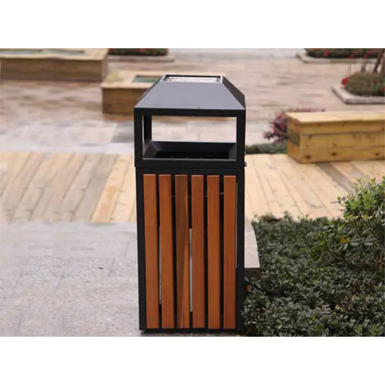 Factory Wholesale wood outdoor ashtray trash bin garden decorative big waste container patio wooden standing dustbin