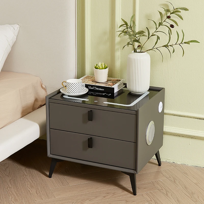 Modern MDF Wooden Nightstand 2 Drawers Smart Coffee Table with Wireless Charging USB Ports & Speaker for Bedroom & Living Room