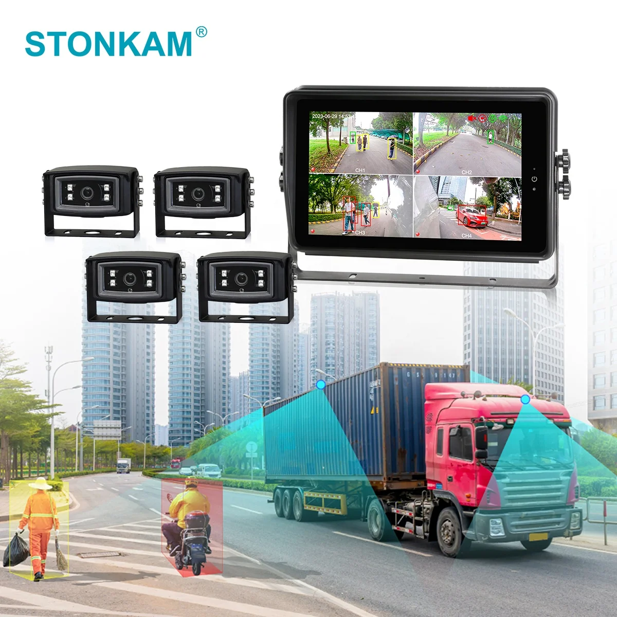 STONKAM AI-Powered Backup Camera System IP66 GPS Recording Monitor Identifies Pedestrians Vehicles Reverse Camera AI Detection C