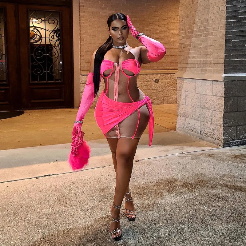 New Design Women Club Patchwork Transparent Sexy Bodycon Mini Mesh Dress