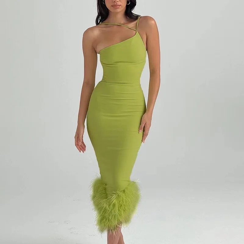 Autumn Sexy One Shoulder Sleeveless Bodycon Long Feather Dresses New Designs Fashion Women Dresses
