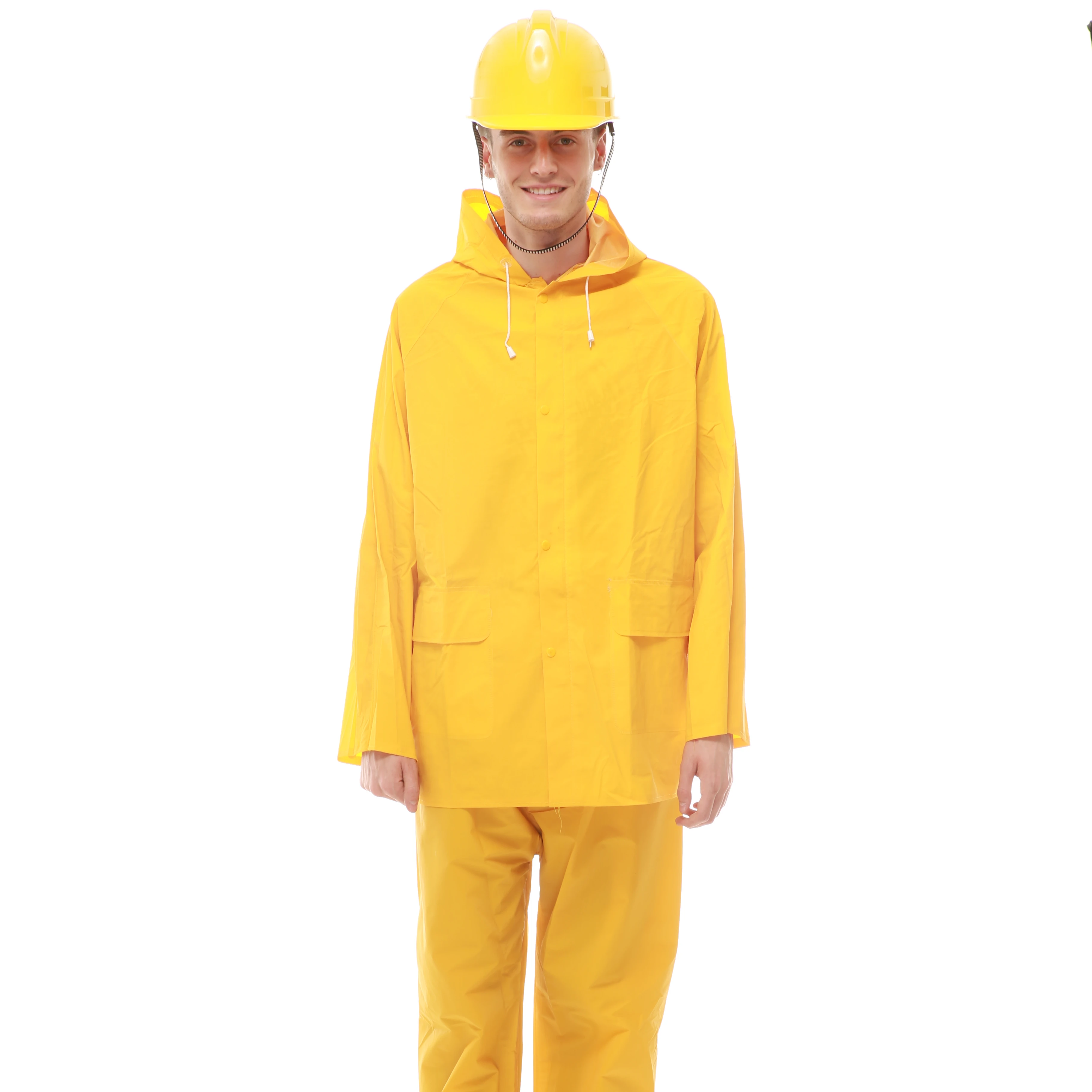 Wholesale 100% water proof rain jacket pants yellow pvc polyester rain suit yellow heavy duty rain coat