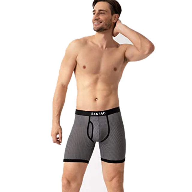 Factory Price Mens Boxers Cotton Mid-rise Striped Boxers For Men Long Leg Fly-opening Mens Underwear