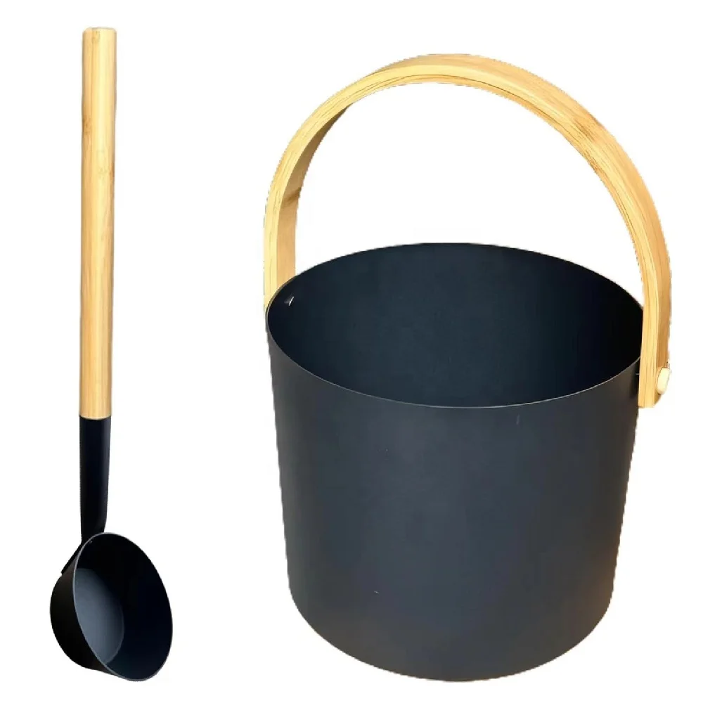 7L Sauna Room Accessories Aluminum  Bucket with Long Wooden Handle Spoon Spa Shower  Bath Kit