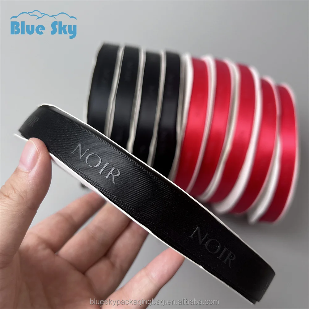 High Quality Custom Black UV Brand Name Logo Letter Artwork Printed Grain Satin Ribbon For Gift