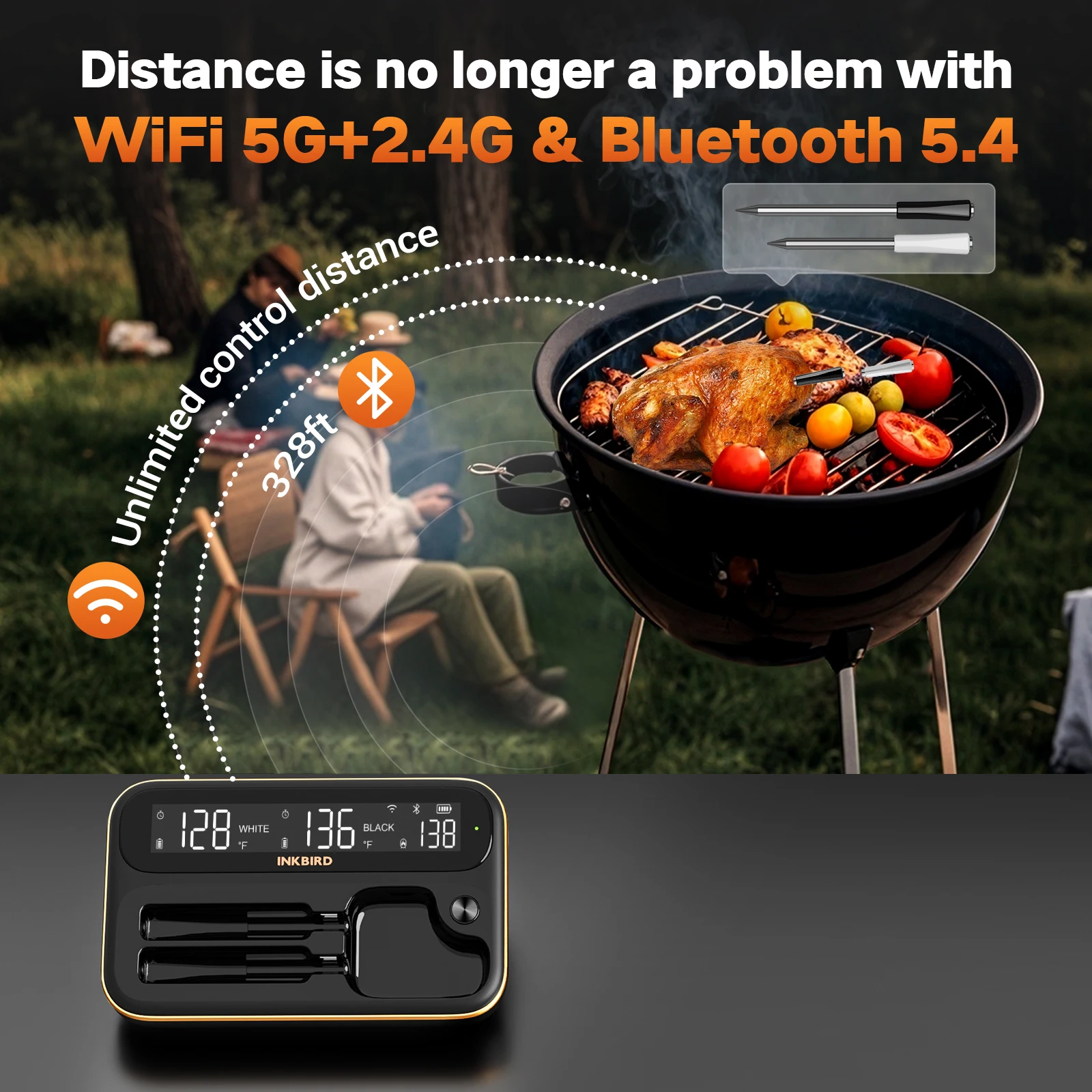 INKBIRD INT-12-BW Truly Wireless BBQ Thermometer WiFi 5G 2.4G and Blue tooth 5.4  Long and Short Probe Combo