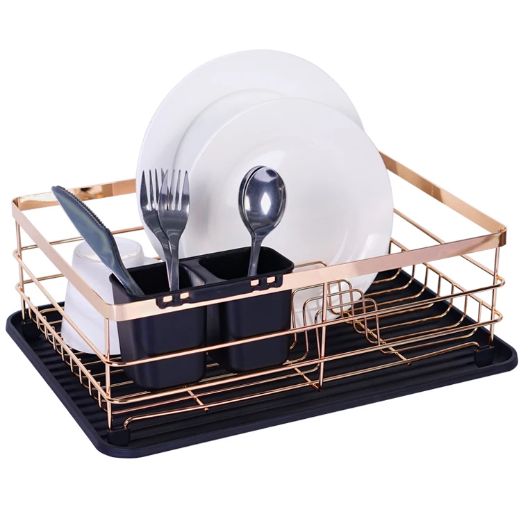 Black Retangular Kitchen Plate Drainer Dish Drying Wire Rack with Removable Plastic Cutlery Holder & Tray