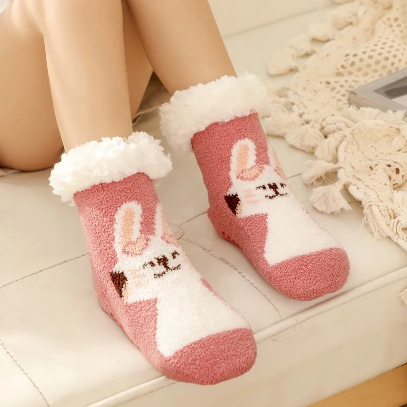 toddler kids children cute animal Winter knitted Warm fleece sherpa lining long Slipper Sock With Grips