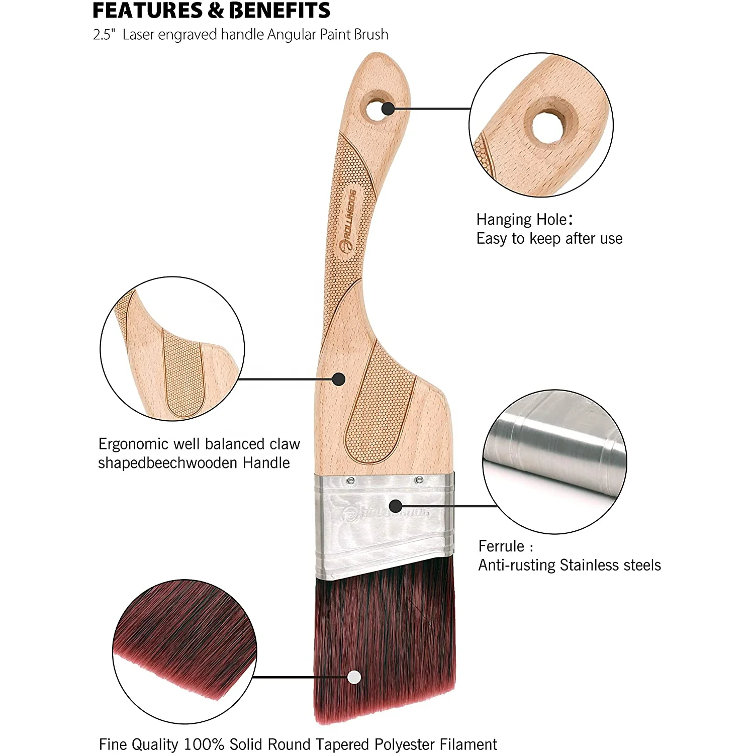 ROLLINGDOG DOBERMA 10298 2 1/2 Inch (63.5mm)Beech Wood Laser Engraved Handle Angular SRT Synthetic Filament  Paint Brush