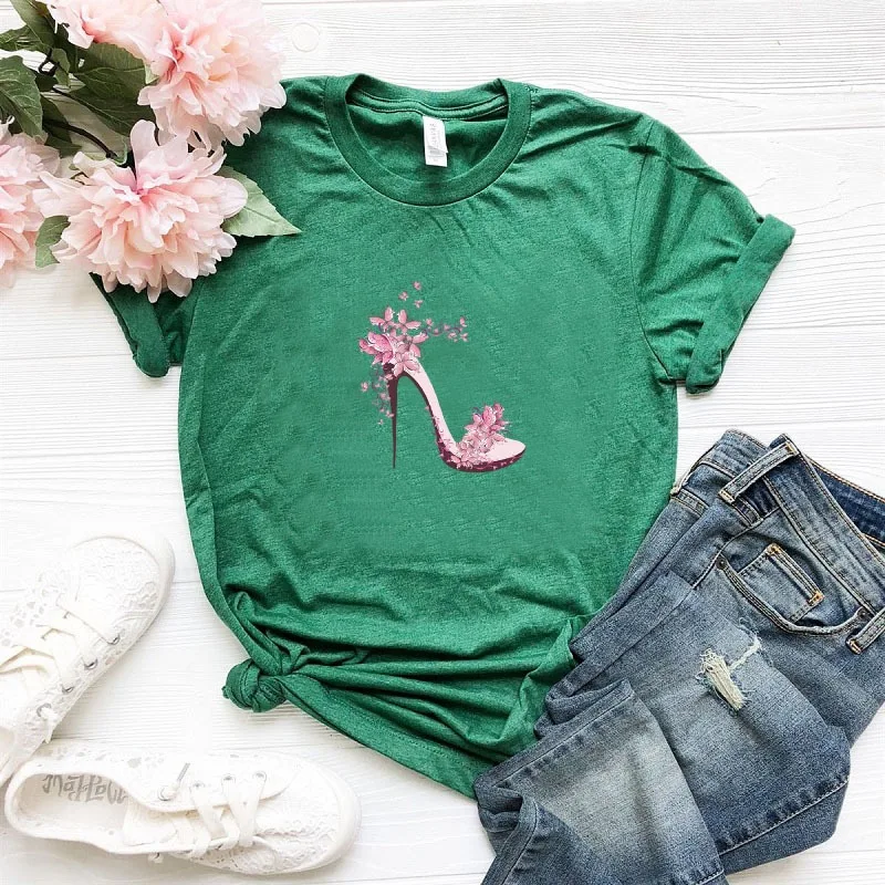 Ladies High Heel Cute Printed Tops Tee Casual Female T Shirts