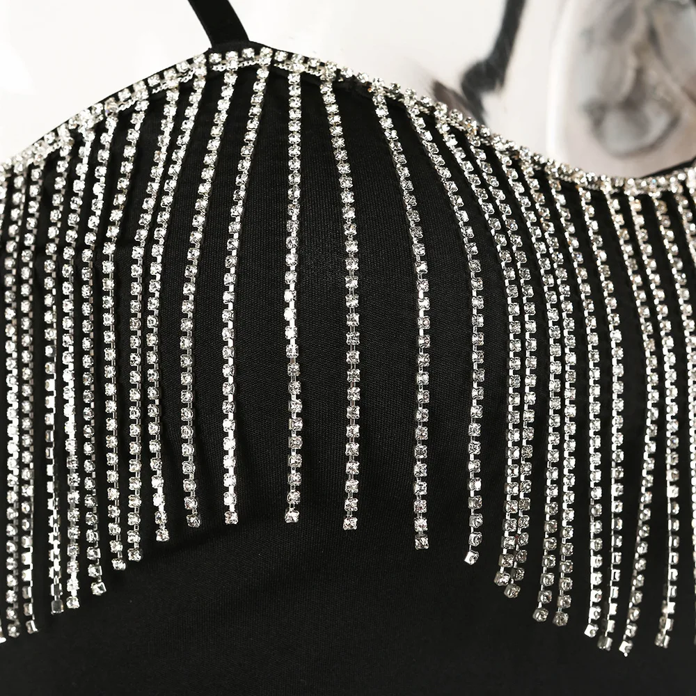 2022 Summer Fashion Black Backless Party Bustiers Corset Rhinestone Fringe Crop Tops Women Tassel Tank Top