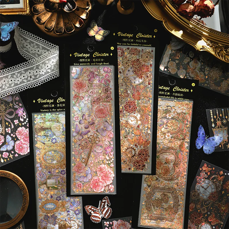 LABON Butterfly Flower Gold Foil PET Retro Diary Journal Scrapbooking Decorative Stickers
