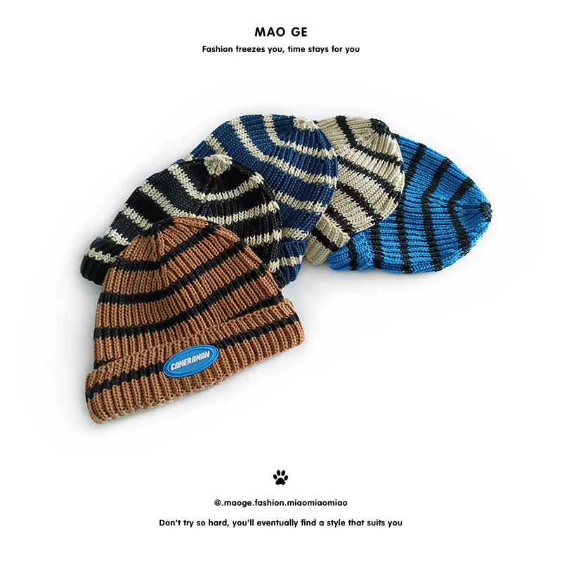 Cat brother children striped hat new knitting belt blue label colored pullover dome casual fashion street wool hat