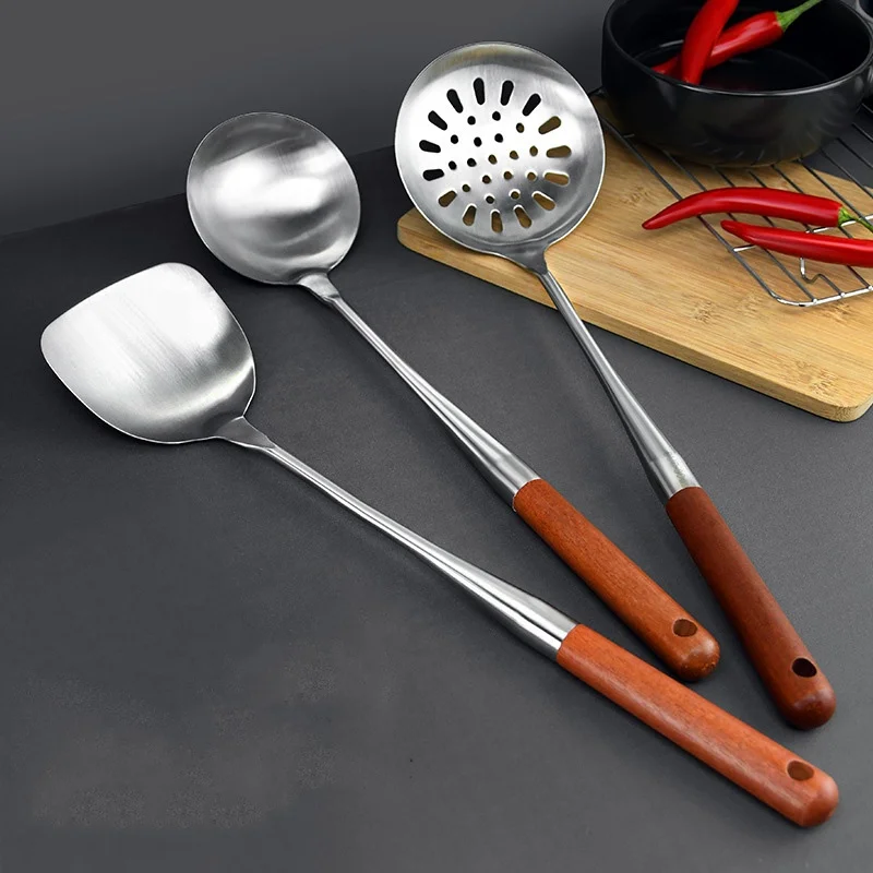 Custom Kitchen Accessories Utensils Sets Cooking Tools Commercial Spatulas Stainless Steel Kitchen Utensils With Wooden Handle