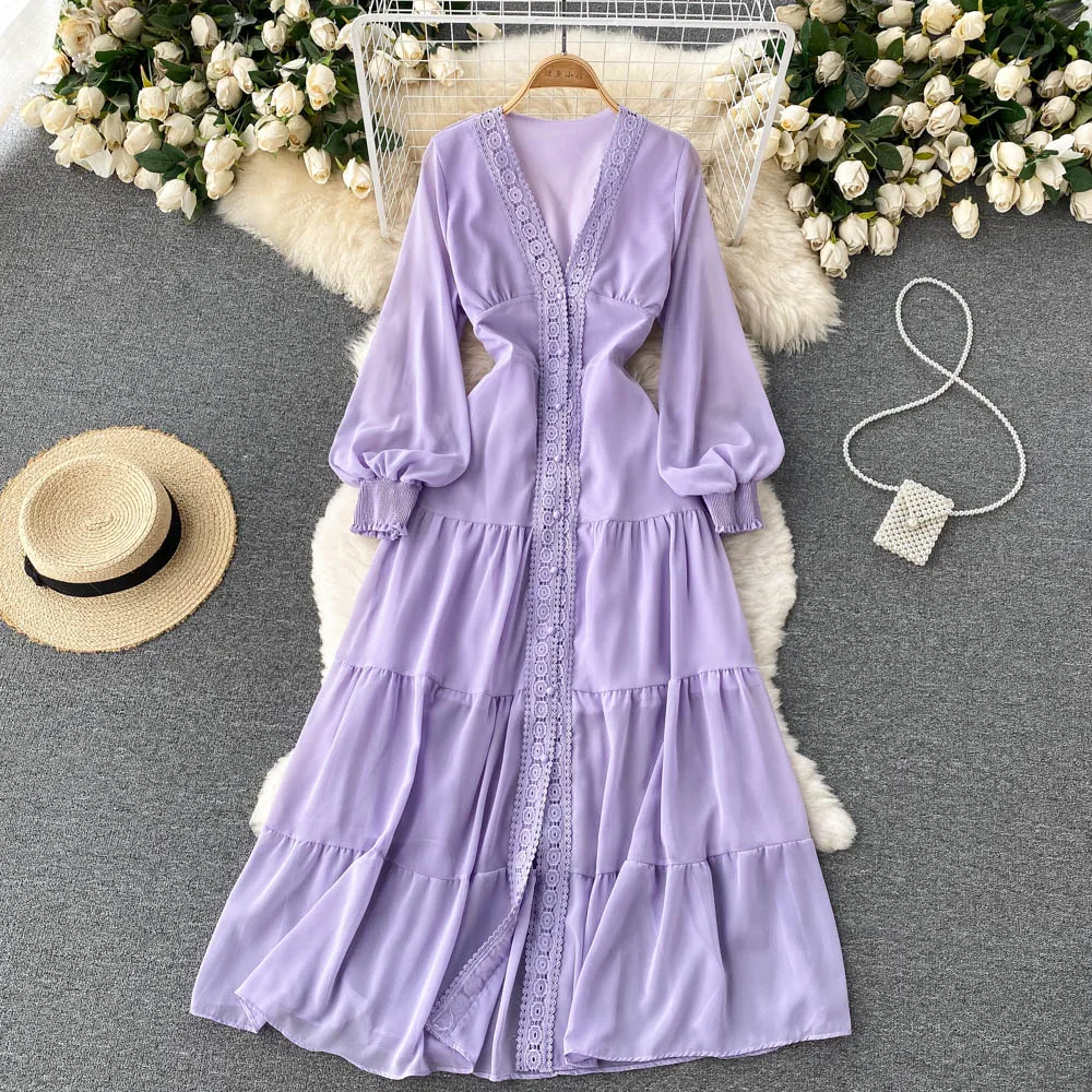 Custom wind lace v-neck dress waist slimming embroidery solid color dress