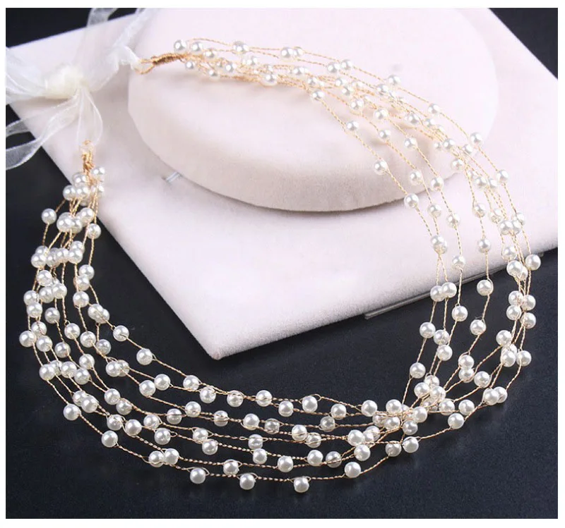 Bridal Headpiece Wedding Headband - Pearl Vintage Wedding Hair Bands for Brides with Lace Ribbon