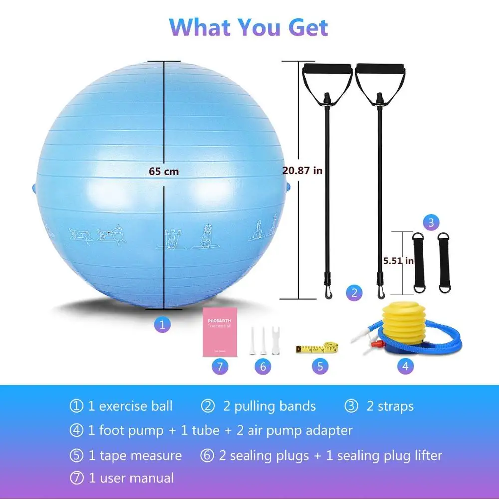 Exercise Ball for Yoga Stability Fitness Balance Birthing Workout Ball Chair with Quick Pump and Resistance Bands for Office
