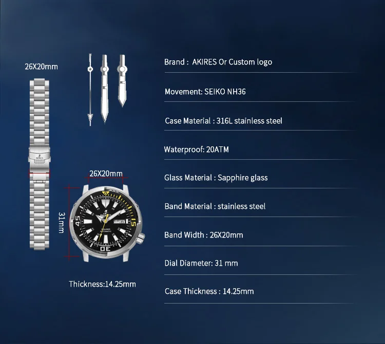 Akires 20 ATM Tuna Watch Mechanical Dive Watches Steel Full Luminous 316L Stainless Steel Dive strap Watch 200M