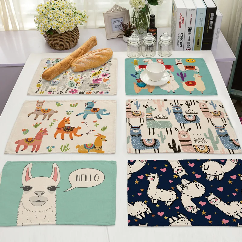 
Cartoon cute alpaca animal printed cotton and linen cloth western place mat 