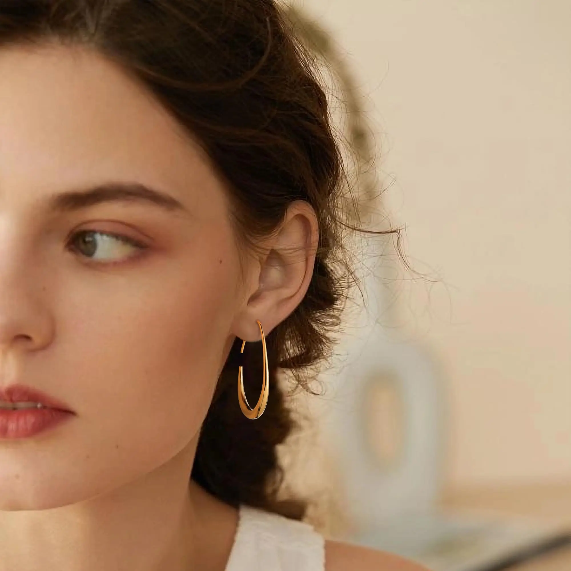 Lightweight Teardrop Hoop Earrings Large Oval Pull Through Hoop Earrings High Polished Statement Fashion Jewelry Earrings