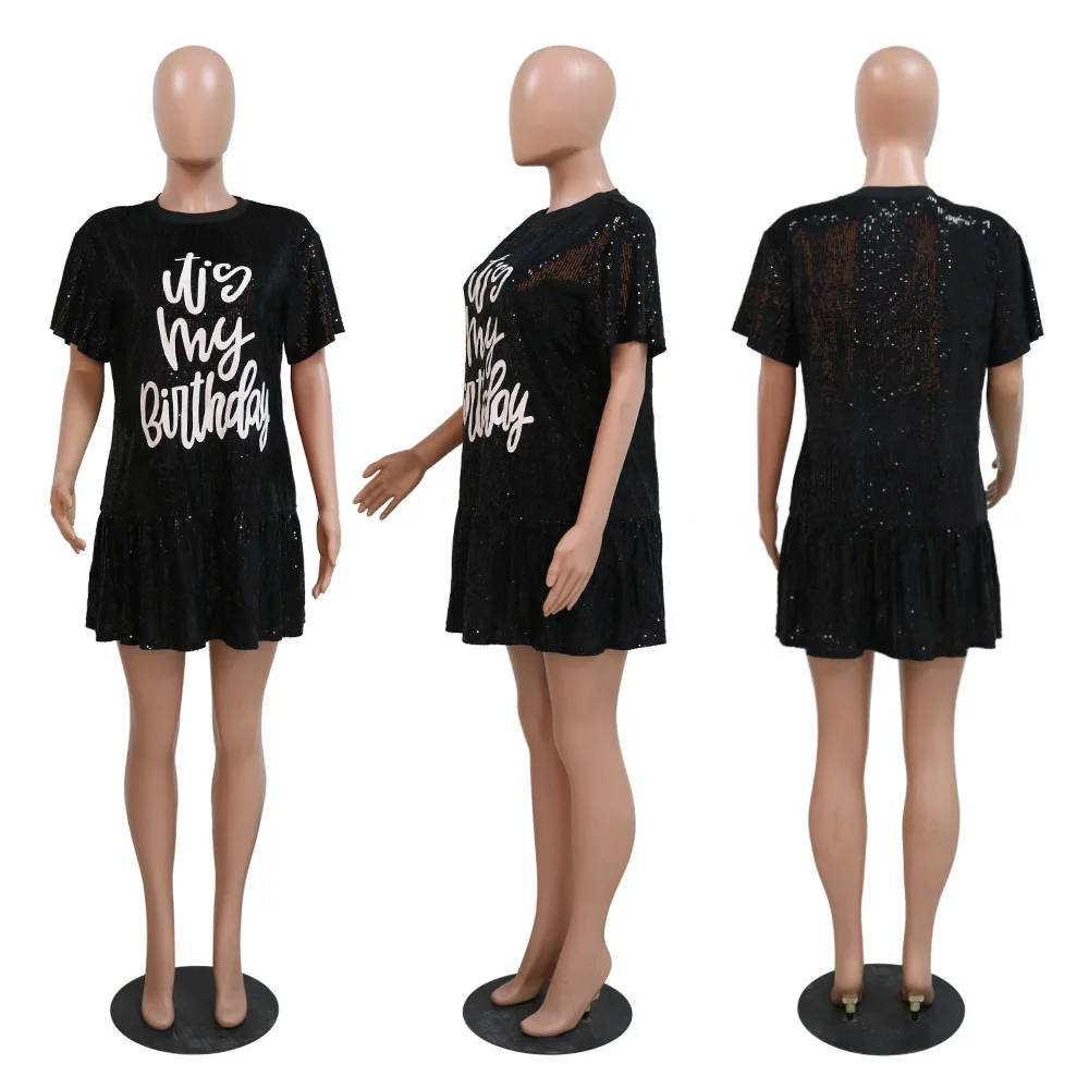 T Shirt Dress Sparkle Sequin Glitter Letter Print Party Birthday Outfits Women Ruffles Mini Dress Night Club Dress
