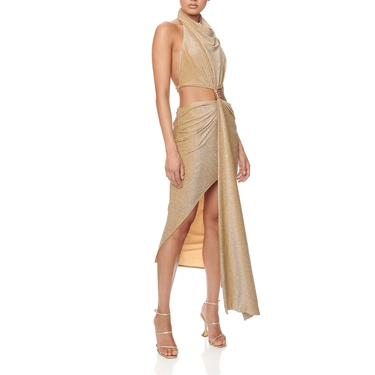 Custom aphrodite sexy halter backless anomalous gold club party womens bodycon dress