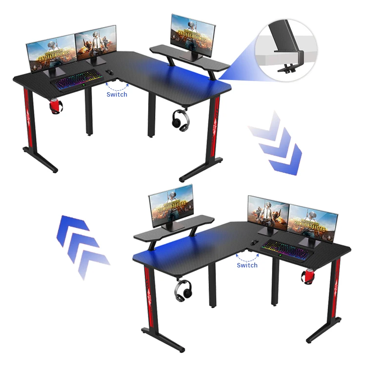 Large desktop L shaped with monitor stand computer table gaming desk gamer custom black big modern gaming adjustable desk