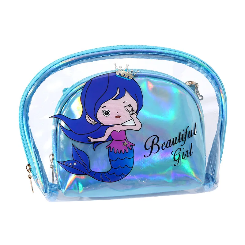 wholesale cute shiny girls kids clear vinyl cosmetic bag & case pouch small custom printing transparent baby blue makeup bag set