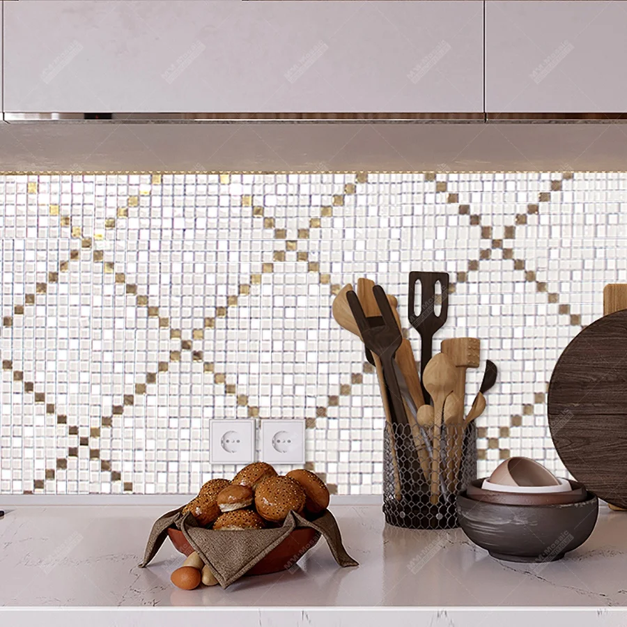 Custom Hand-cut Wall Mural Design White Gold Mosaic Glass Tiles Art Picture for Kitchen Backsplash Bathroom Hotel Wall Project