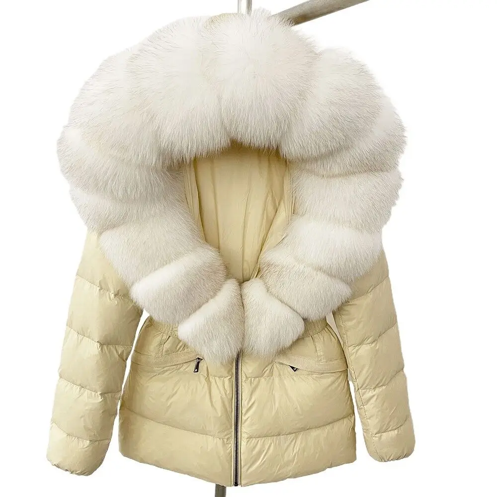 OFTBUY 2024 Winter Jacket Women Real Raccoon Fox Fur Collar Hooded White Duck Down Coat Belt Thick Warm Casual Outerwear