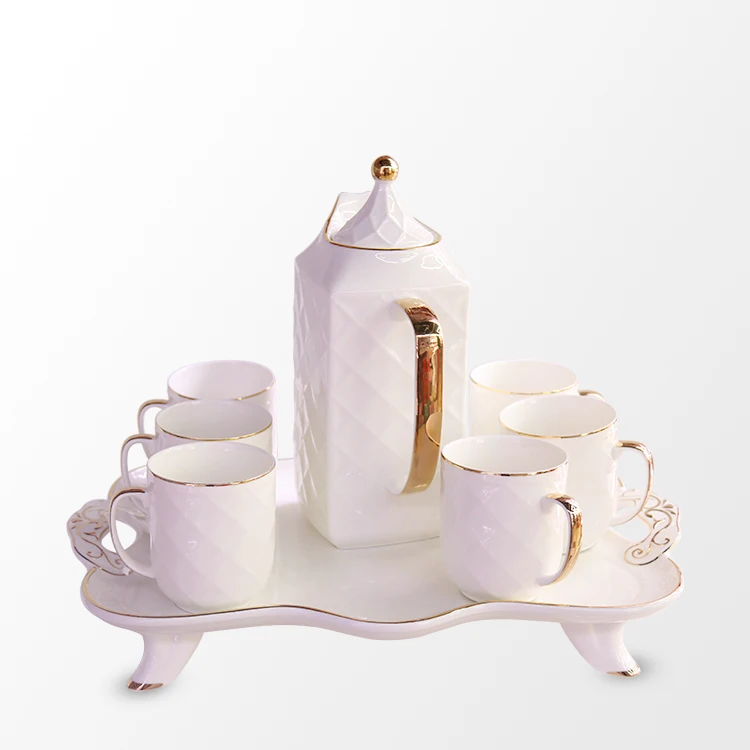 Custom Cheap Coffee Tea Sets Ceramic Bone China One  Teapot Six Coffee Cups Set Tea With Base