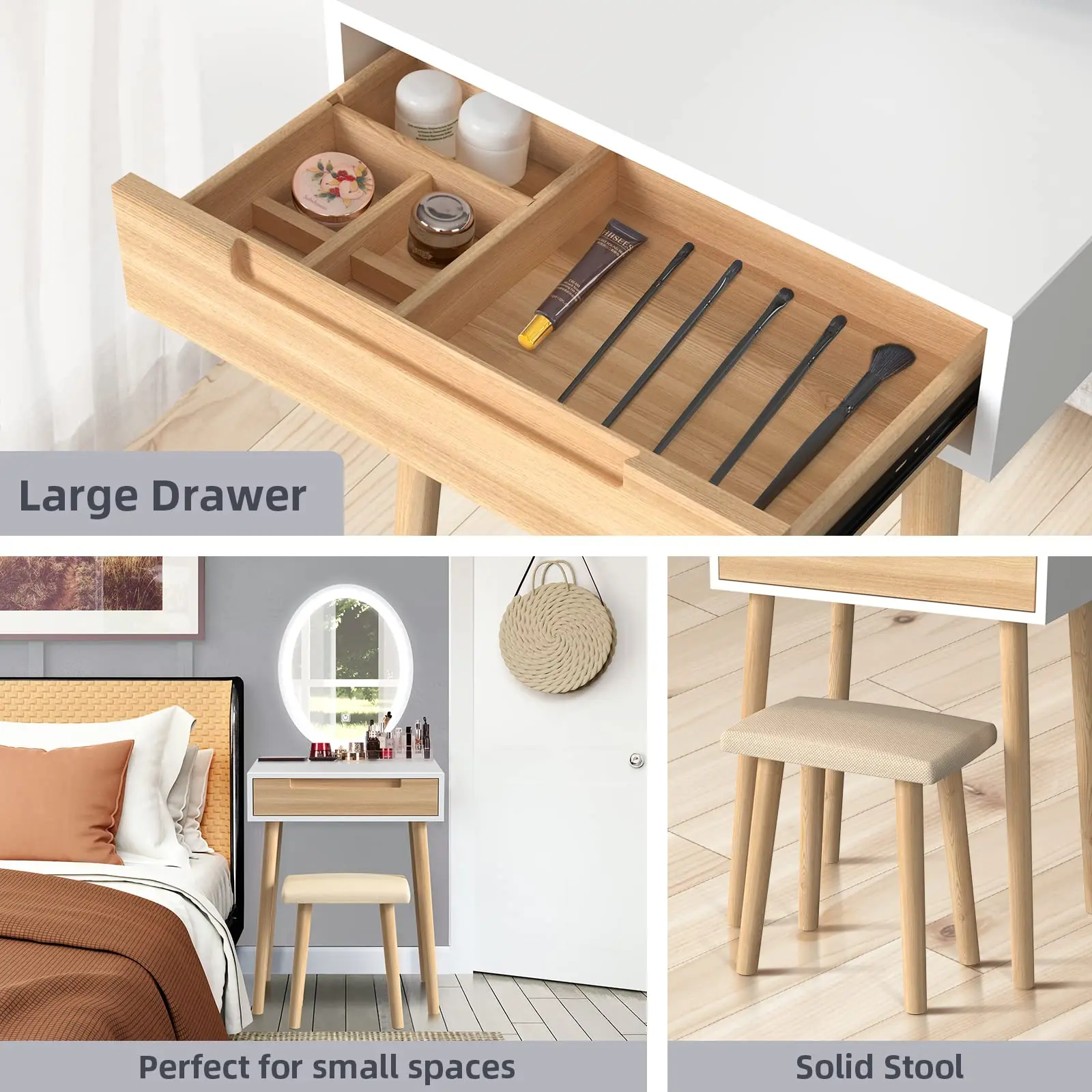 Small Vanity Desk Wood Set for Makeup with Stool Simple Mini Design Dressing Table with a LED Mirror and one Drawer for Bedroom